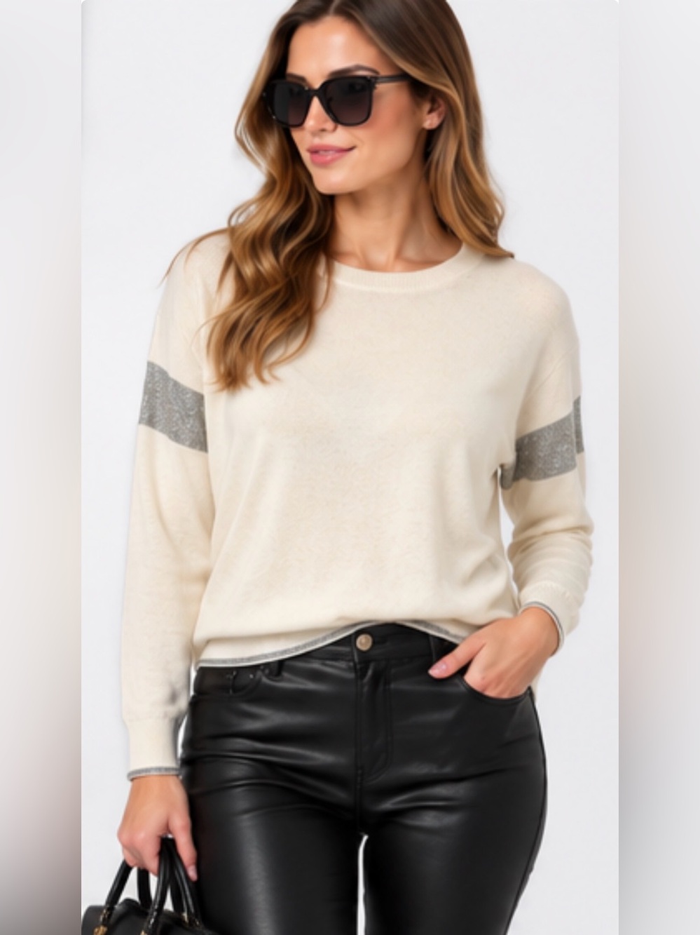 Escada Sport Ivory Cream Metallic Silver Detail Sweater Size S